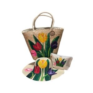 Floral Hand Painted Beach Bag with Matching Hat & Makeup Bag !